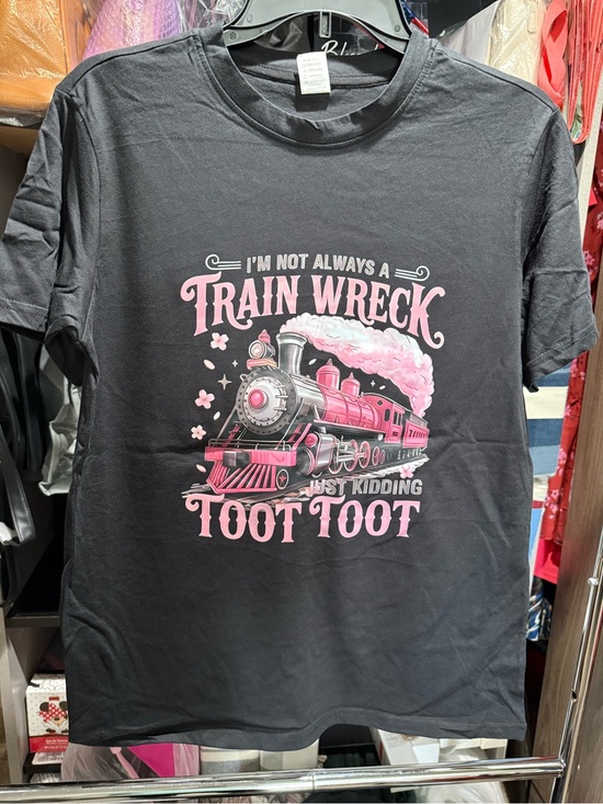Tops - Funny Train Wreck Graphic Tee - Pink on Black